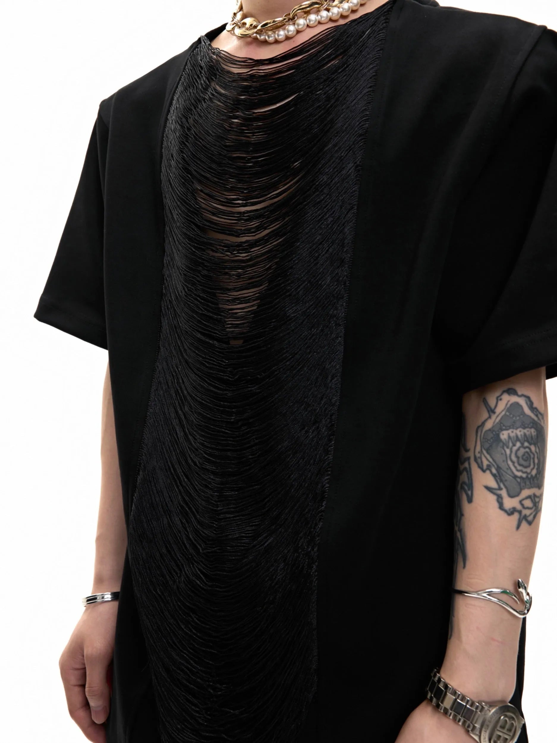 Men's black hollow-out V-neck T-shirt with three-dimensional cutting and loose fit design