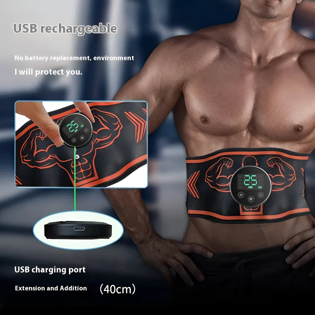 Smart EMS massage belt fitness equipment in orange and blue colour options with rechargeable power