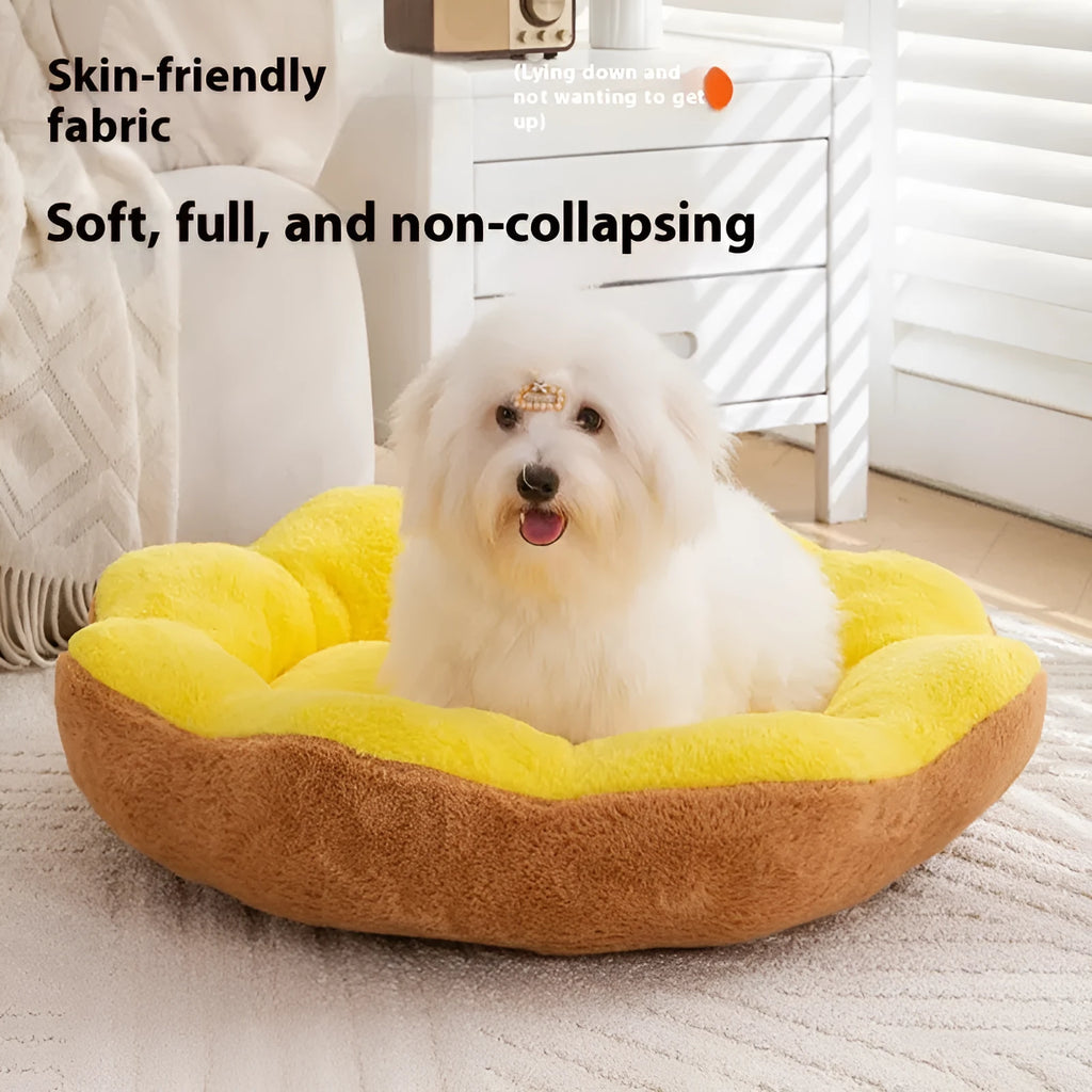 Round rabbit plush cat bed with removable washable cover in brown grey colour