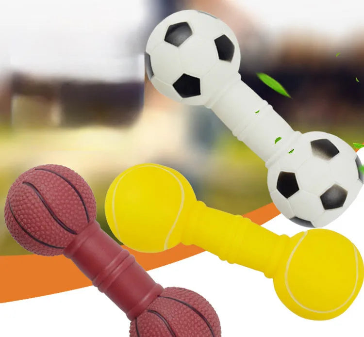 Brown, orange, white, and yellow PVC football dumbbell shaped squeaky dog chew toy.