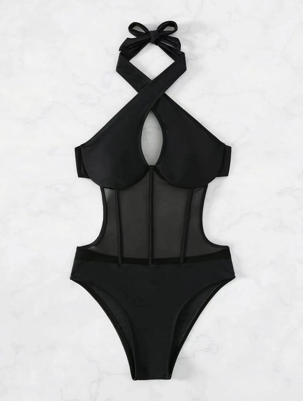 Ladies black one-piece spun yarn swimsuit bikini on a hanger.