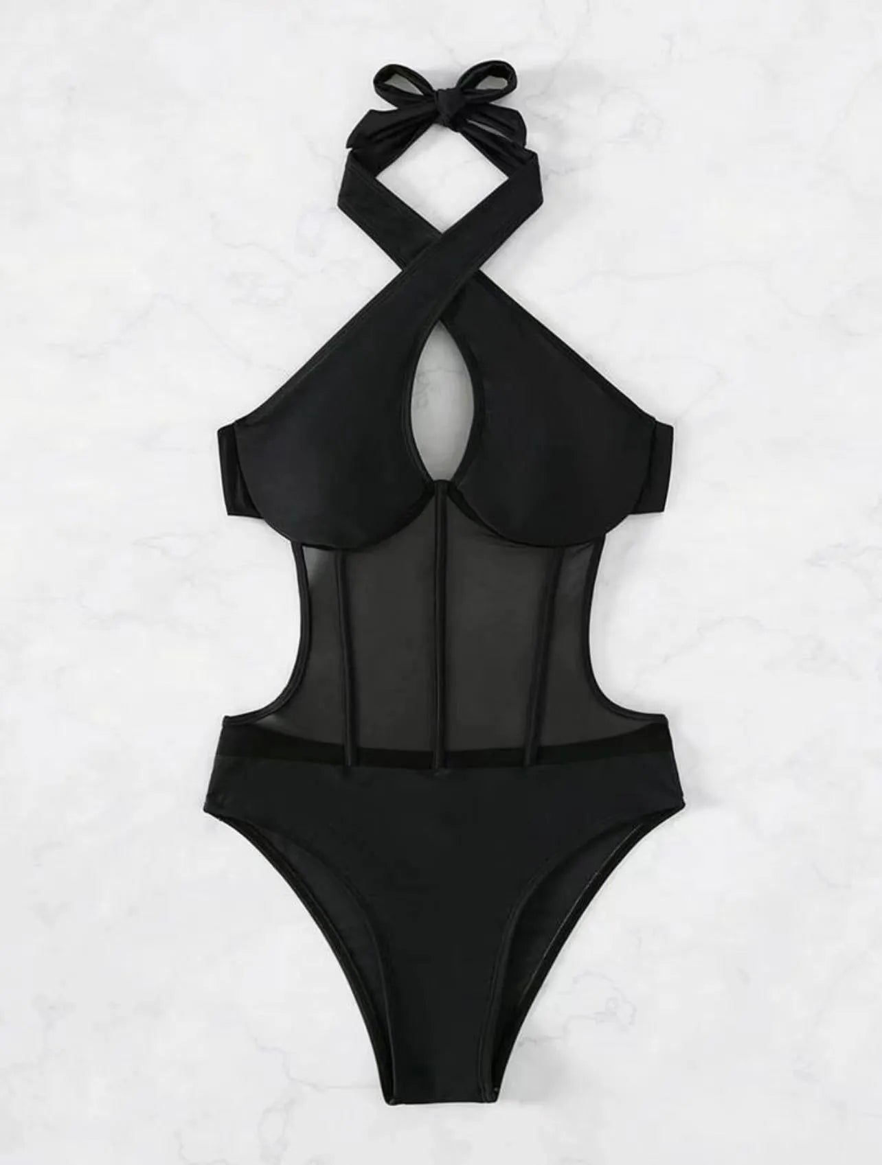 Ladies black one-piece spun yarn swimsuit bikini on a hanger.