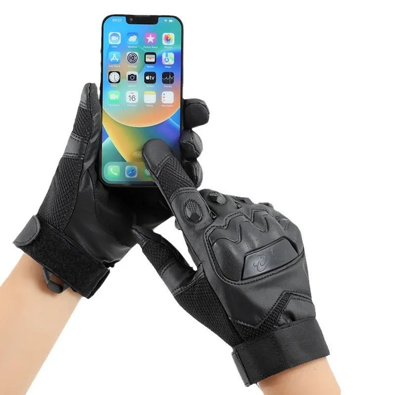 Men's tactical gloves in black, green, and yellow colours showing full finger design with touch screen compatible fingertips