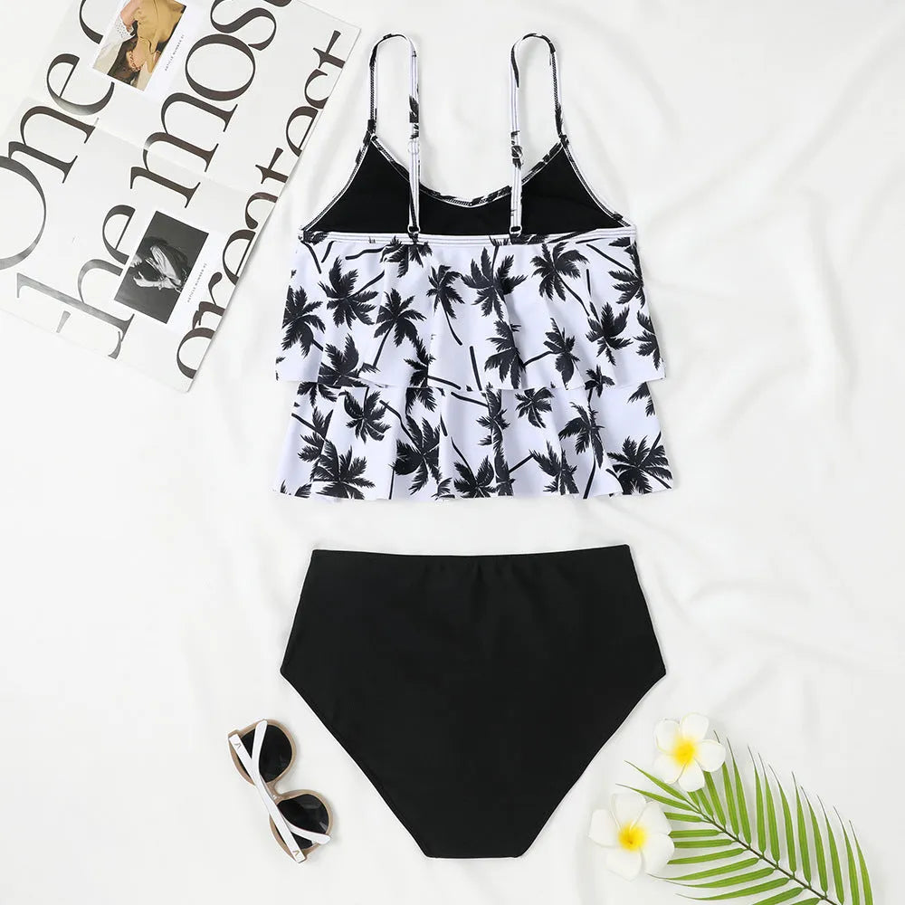 High waist double-layer swimsuit with coconut tree print pattern and sleeveless design