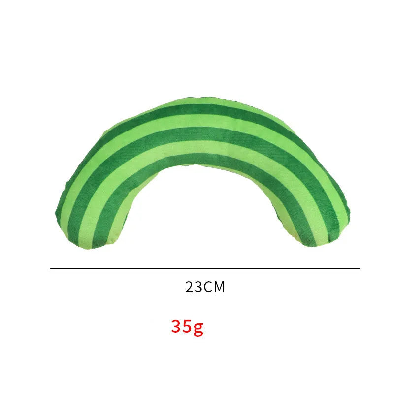 Green striped plush cat pillow toy with built-in catnip, measuring 23cm by 20cm.