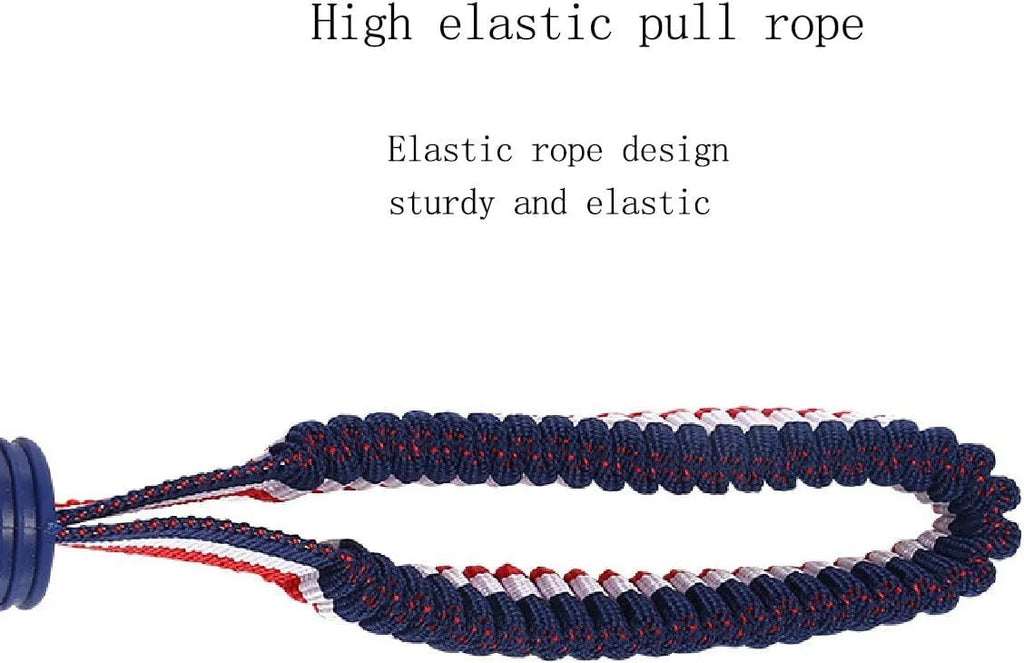Blue rubber dog ball with attached rope toy measuring 6.5cm diameter