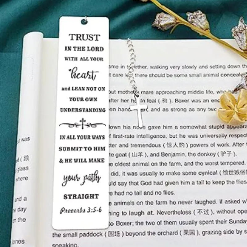 Stainless steel bookmark with etched Bible verse in a steel colour finish