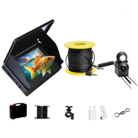 Underwater fishing finder camera system with 4.3-inch screen and submarine-style camera on a long cable.