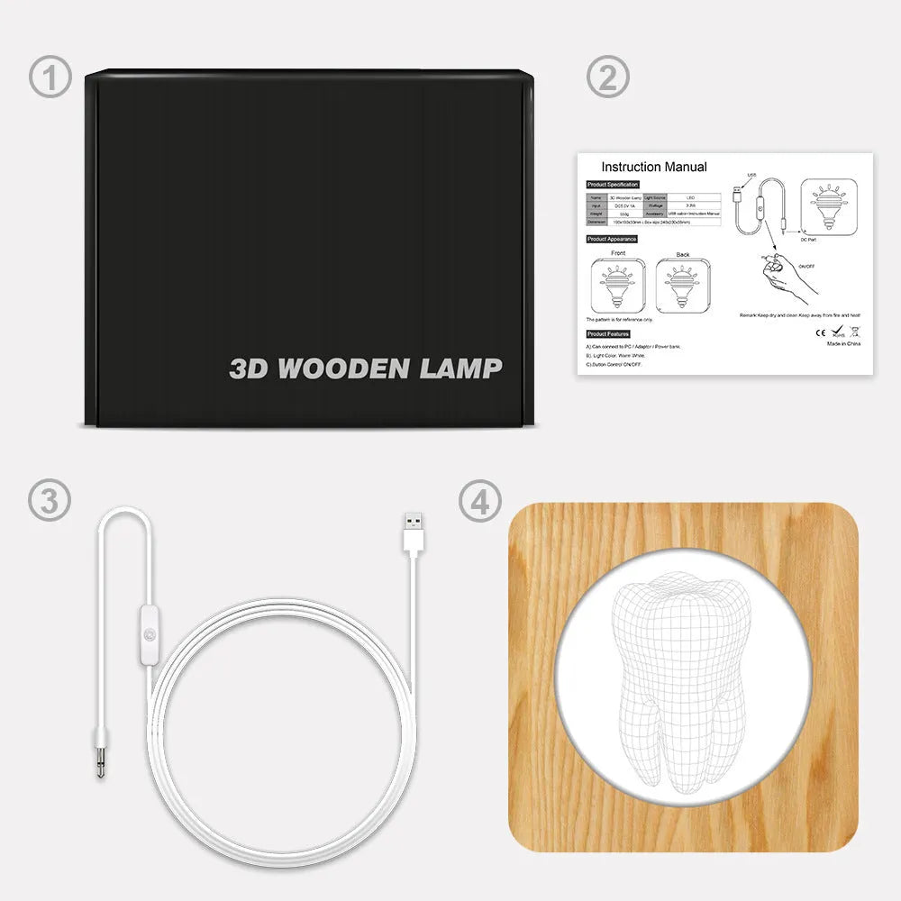 Tooth-shaped wood colour acrylic table lamp with USB cable on a wooden surface.
