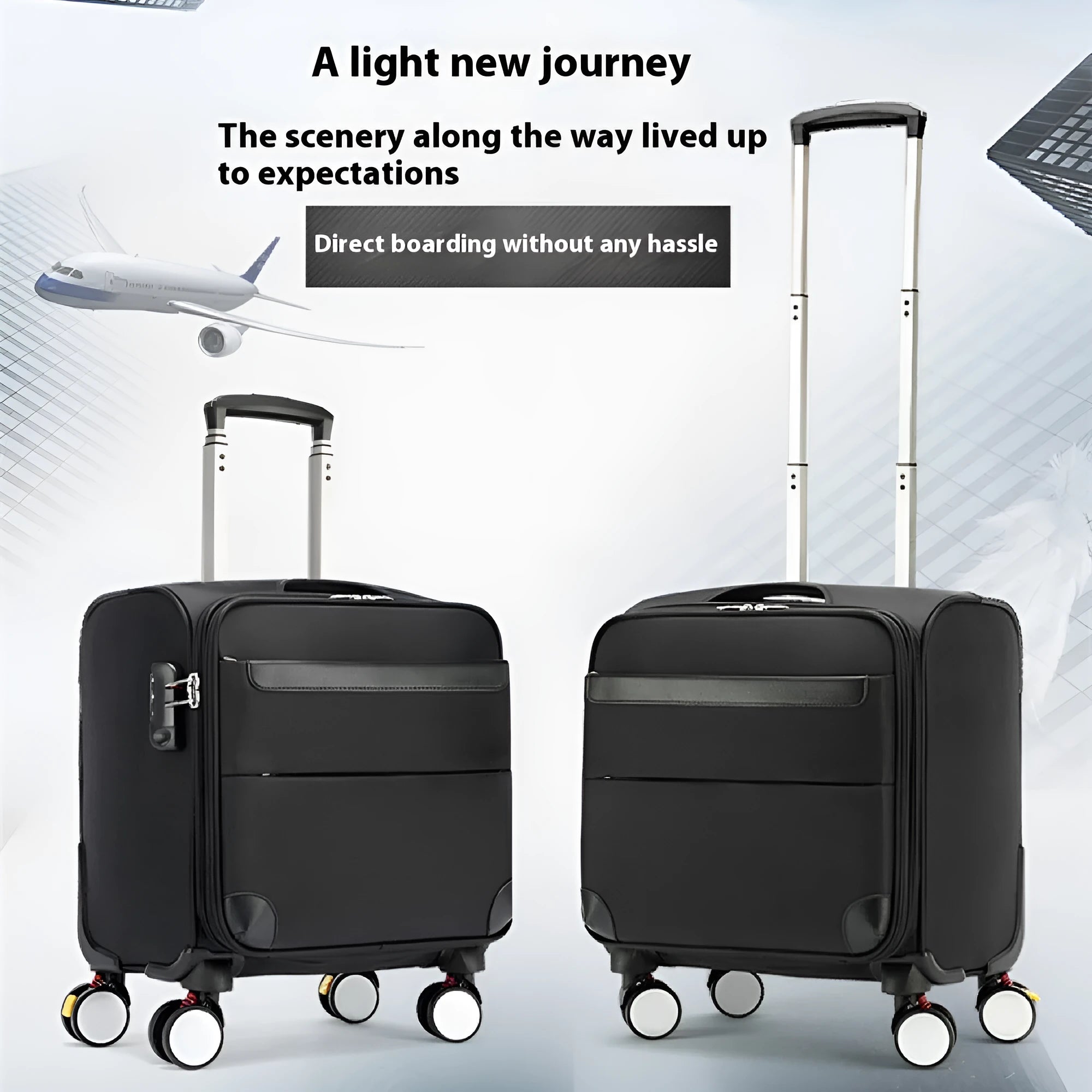 Black 18-inch Oxford cloth cabin suitcase with telescopic handle and universal wheels.