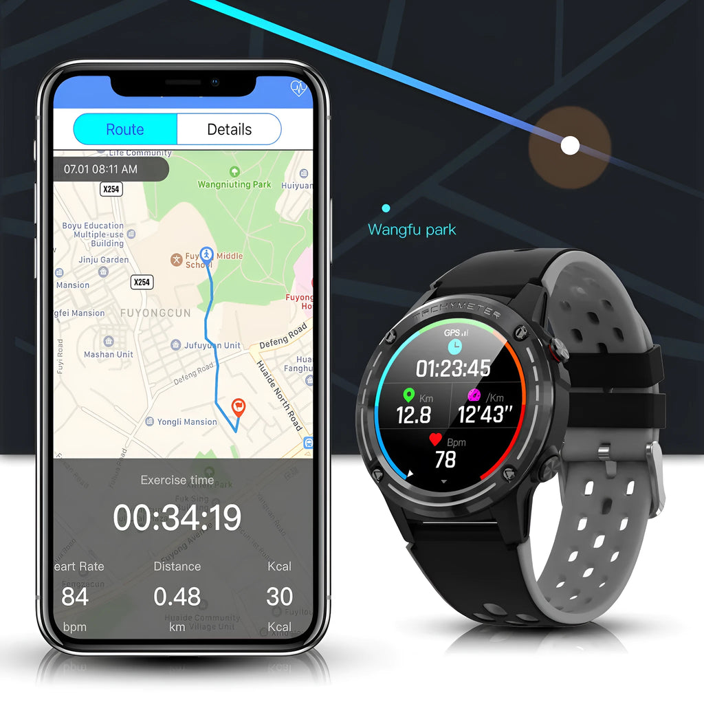 GPS smart watch with silicone strap and toughened glass display in black, blue, cyan, or silver black