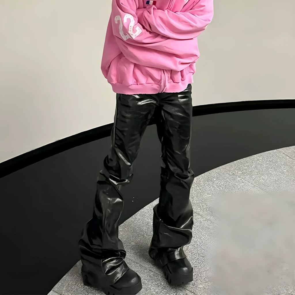 Black patent leather coated skinny jeans with straight-leg cut and mid waist design