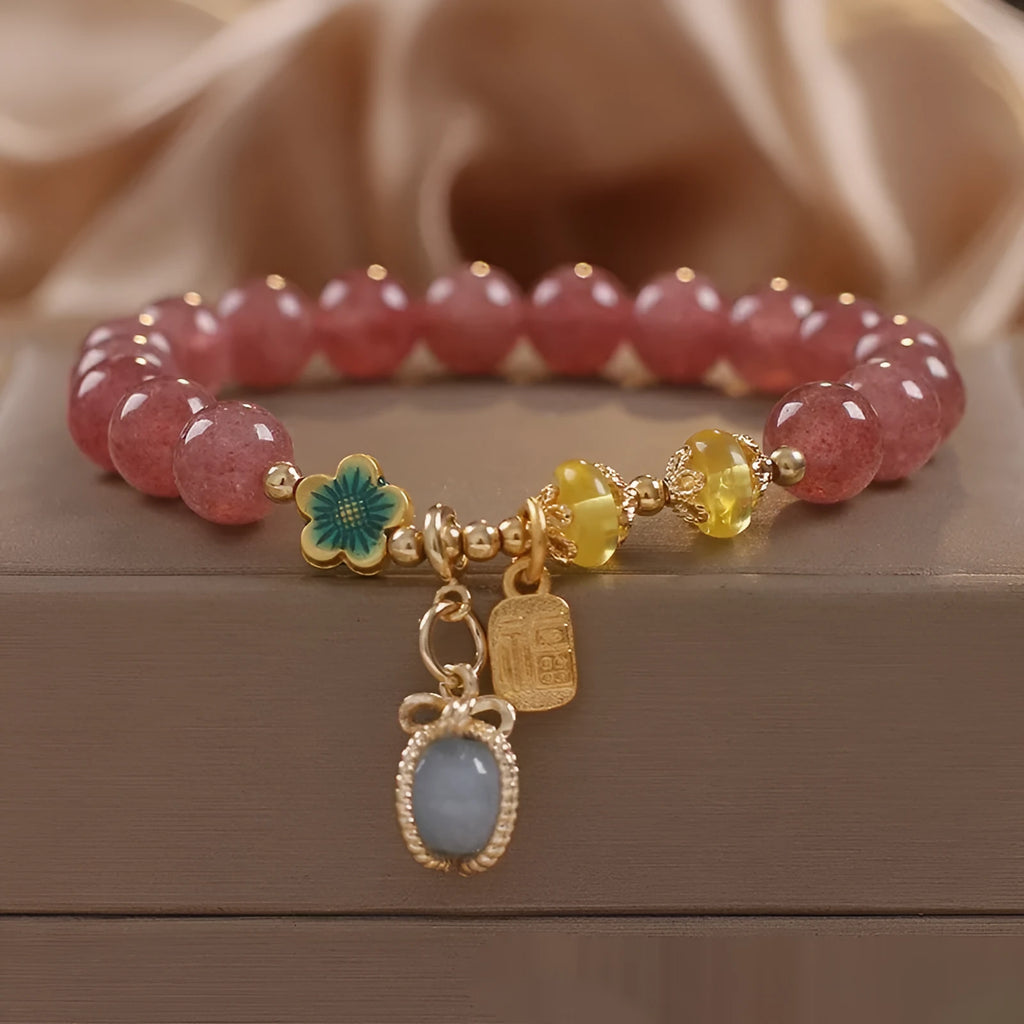 Red women's bracelet with strawberry quartz beads, alloy components, and rhinestones