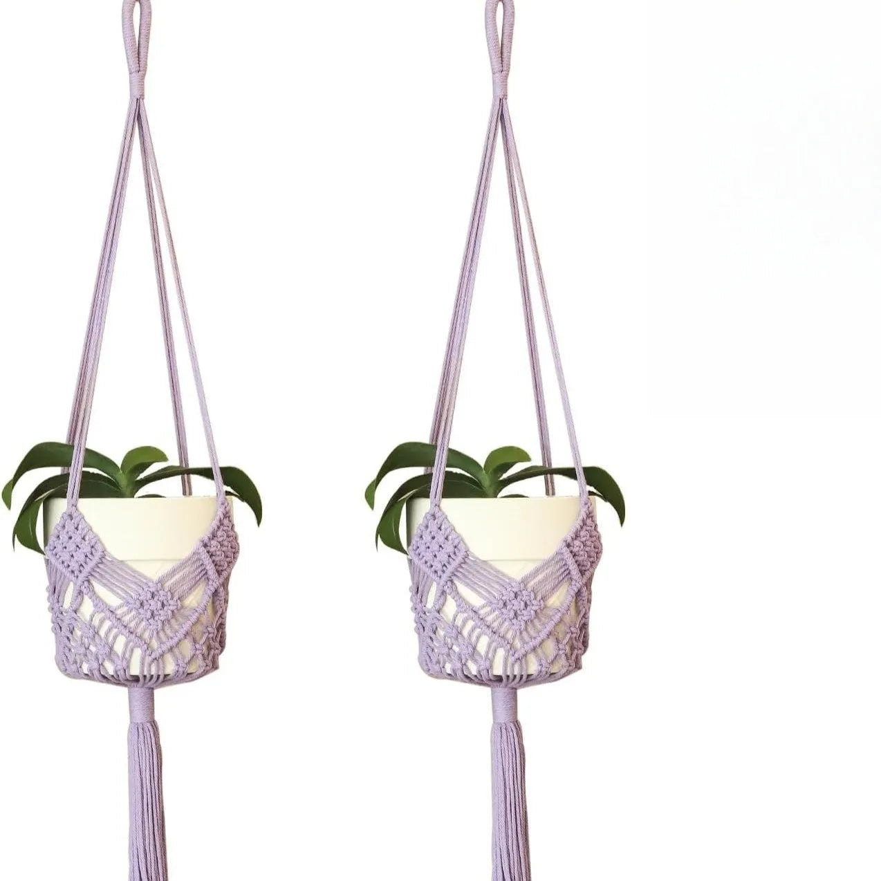 Hand-woven minimalist flower pot in polyester cotton showing net pocket extension cord design