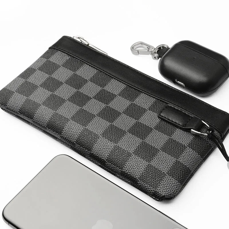 Black leather plaid men's clutch wallet showing first layer cowhide material and 20cm x 10cm dimensions