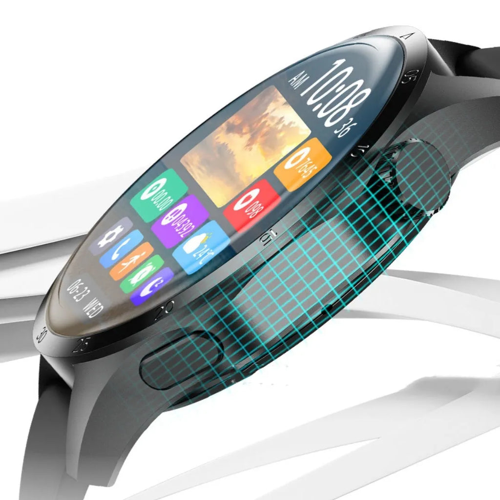 Black Bluetooth smartwatch with TFT touch screen showing health metrics display
