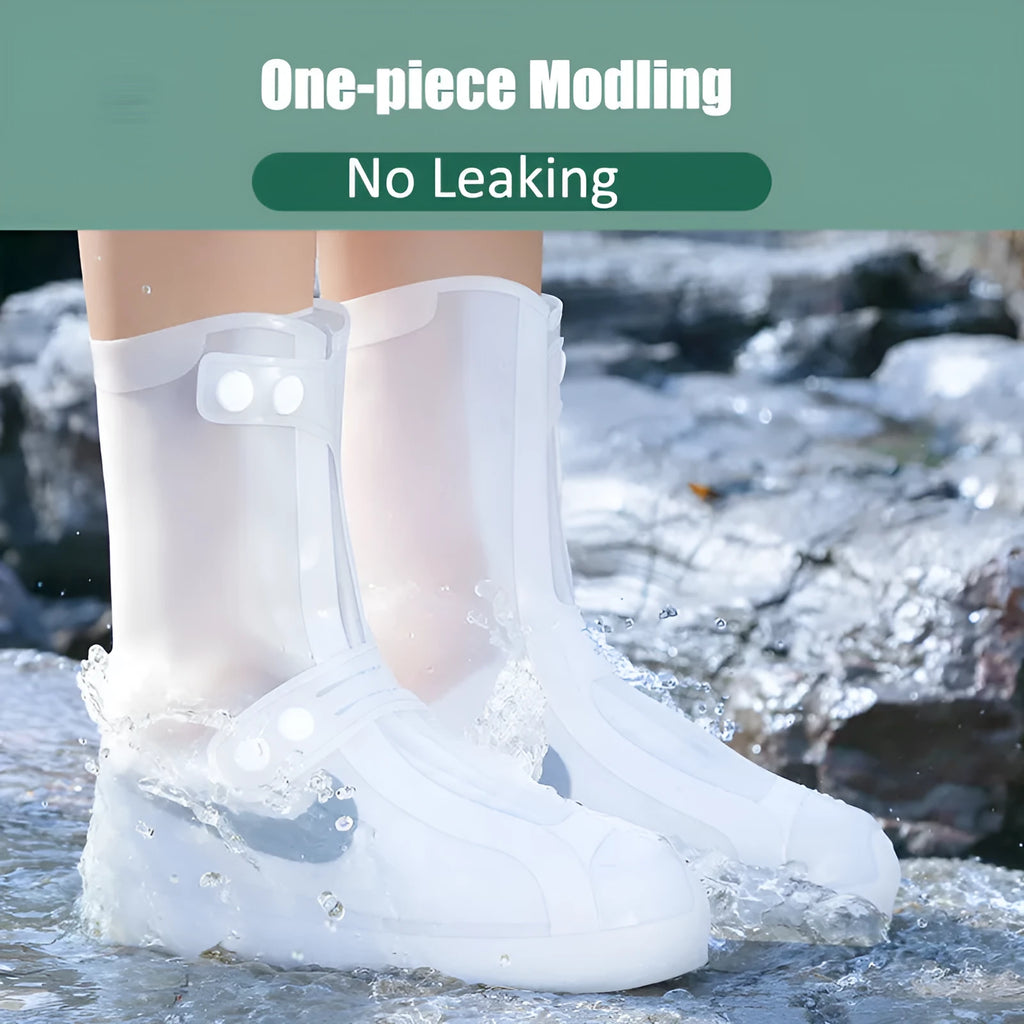 White PVC high-top reusable shoe covers for women, shown on a shoe for rainy day outdoor protection.