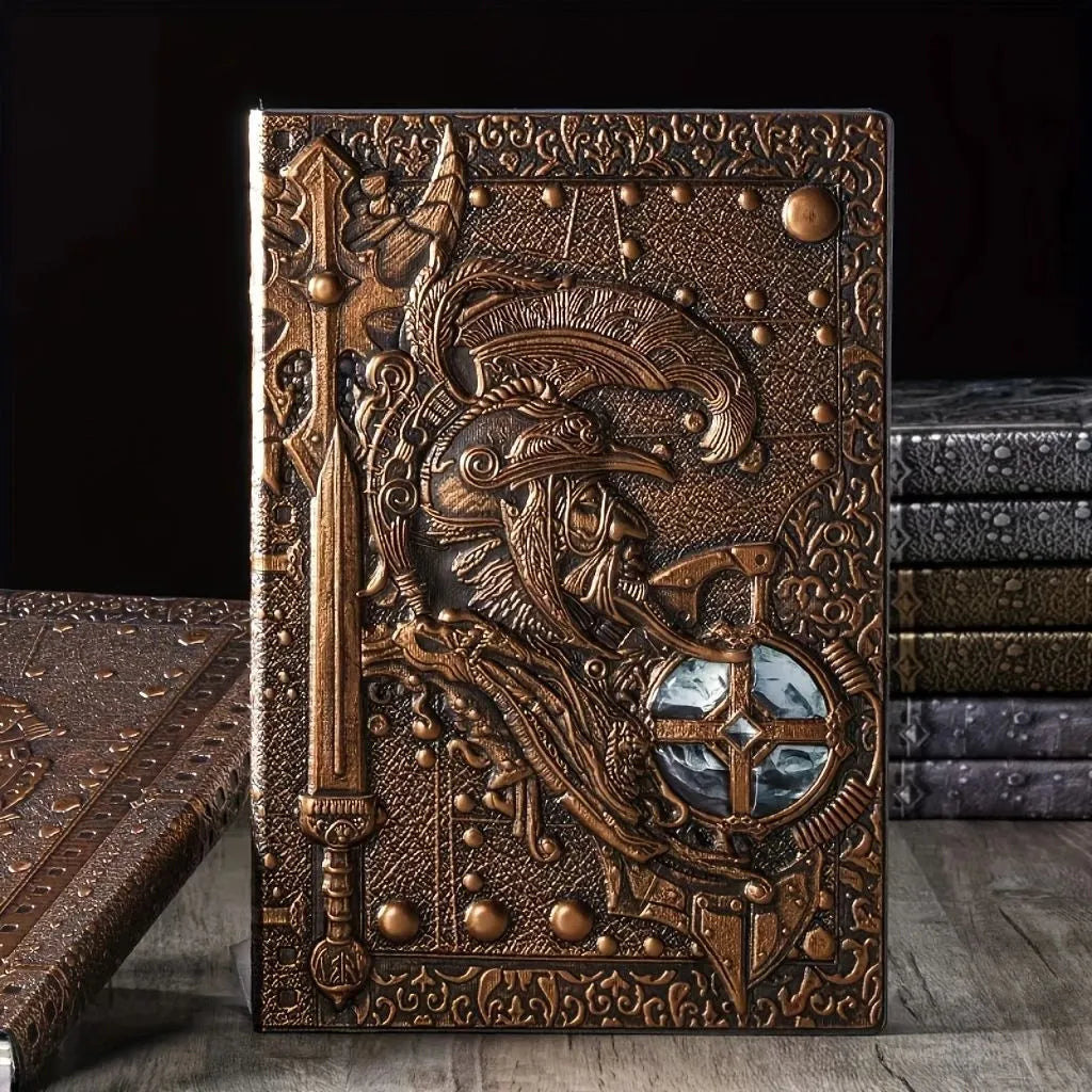 Handmade leather A5 notebook with 3D warriors relief embossed cover, open to show paper pages