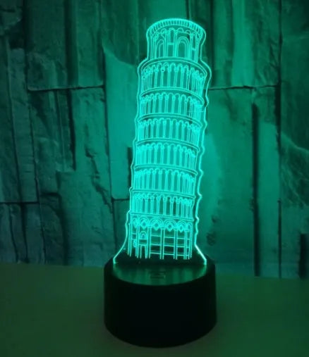 3D acrylic Leaning Tower of Pisa nightlight with colourful LED illumination on black ABS base