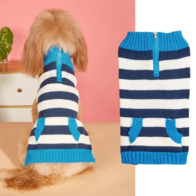 Grey dog sweater with a horizontal zipper and button pocket on a small dog.