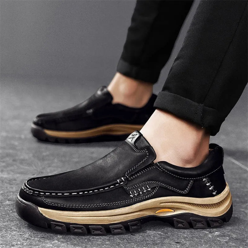 Men's black leather outdoor shoes with thick rubber sole and round toe