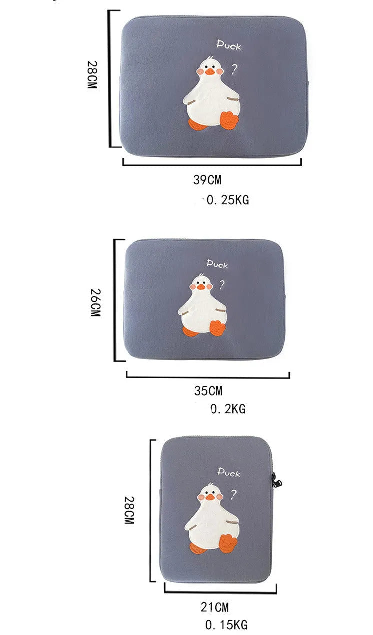 Blue cotton tablet case with cartoon duck embroidery design and zipper closure