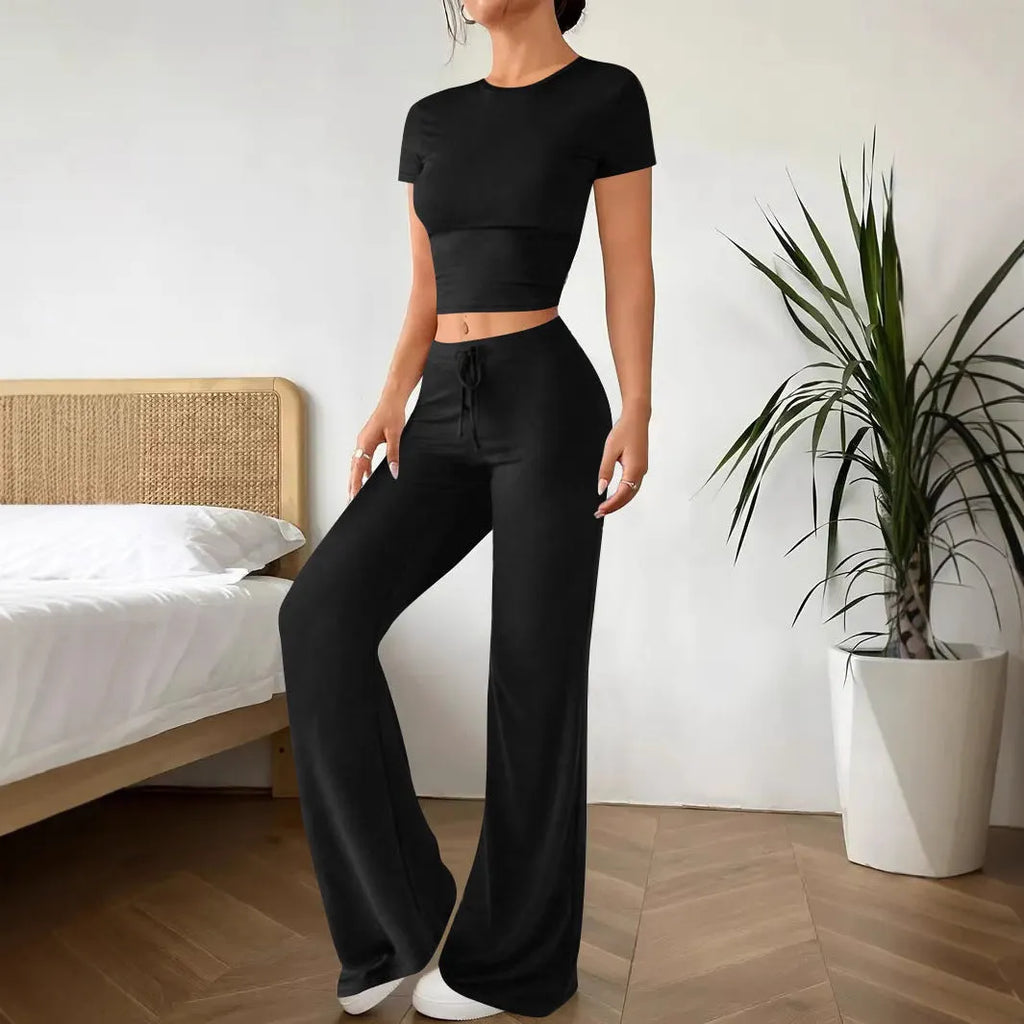 Black high-waist trousers and short-sleeve t-shirt polyester suit set displayed together