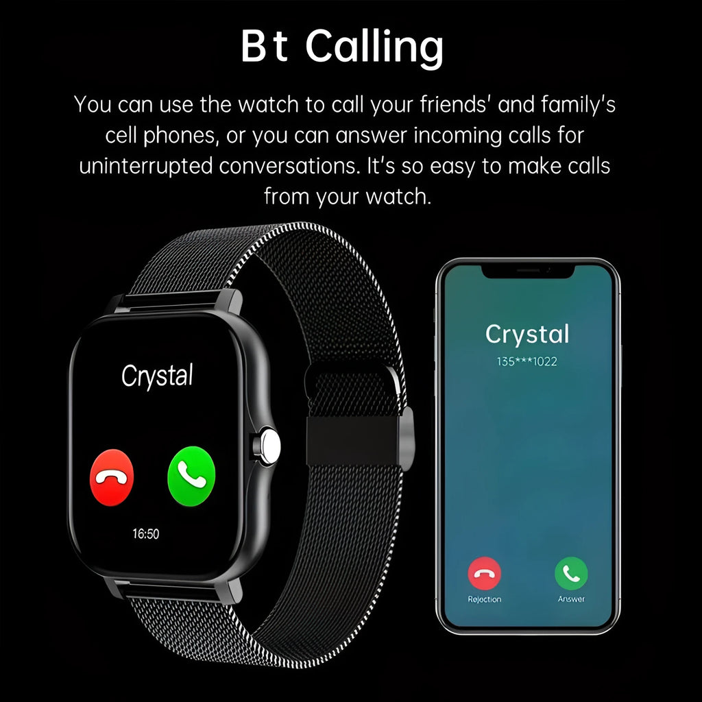 Smart watch with 1.44-inch touch screen and silicone wrist strap showing Bluetooth calling and health monitoring interface