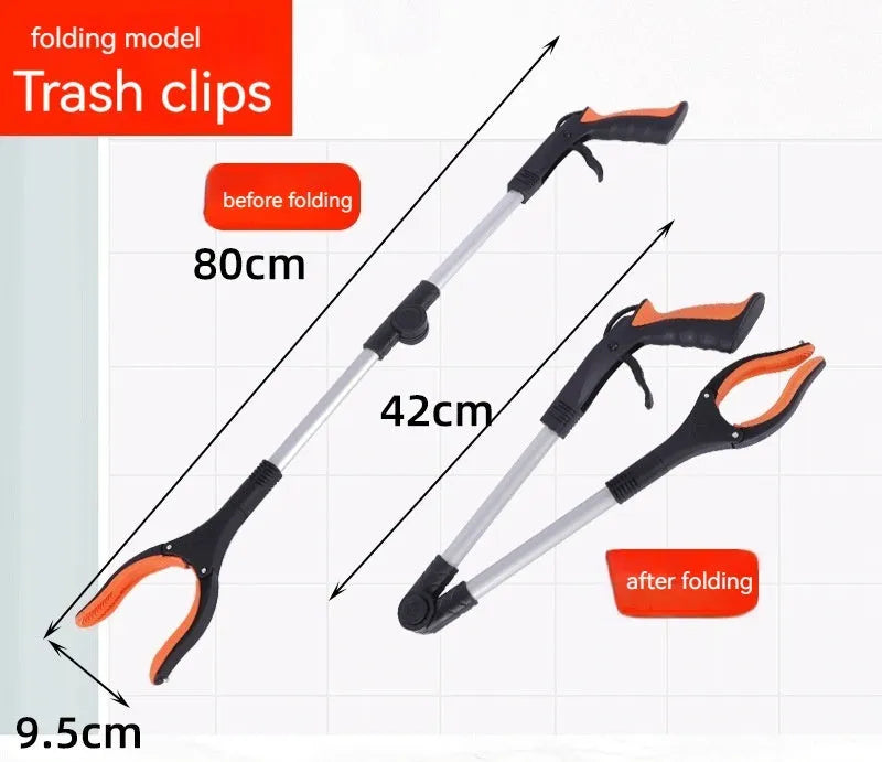 Foldable aluminium rubbish clamp with extended 80cm length and coloured handle