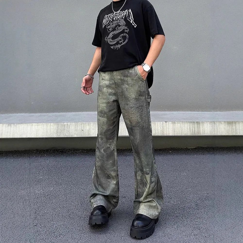 Men's straight-leg jeans with a retro digital camouflage pattern on blue denim.