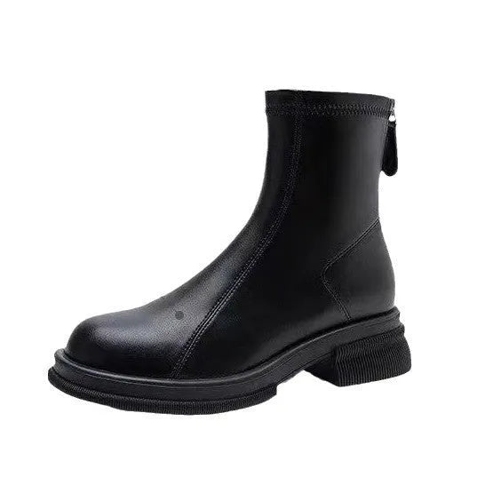Women's thick flat heel ankle boots with round toe and back zipper in black velvet finish