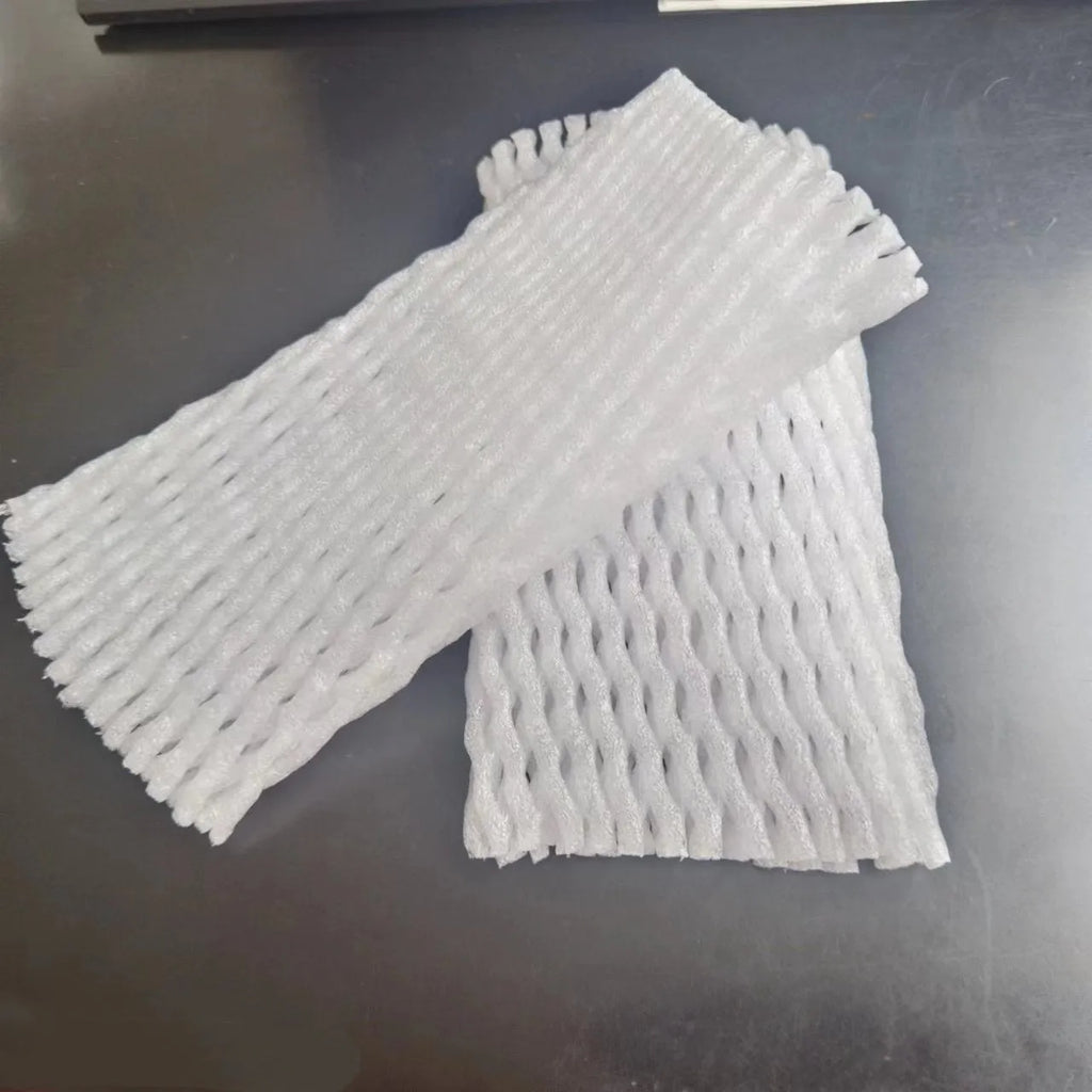 White foam fruit protection nets showing different sizes for apples, pears and peaches