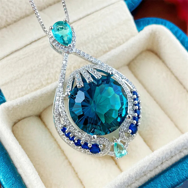 Blue crystal fireworks cut pendant necklace with water wave chain for women