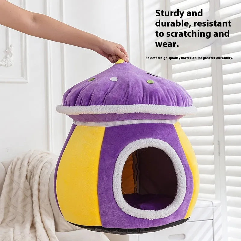 Mushroom-shaped cat nest in thick thermal plush rabbit fur with detachable design