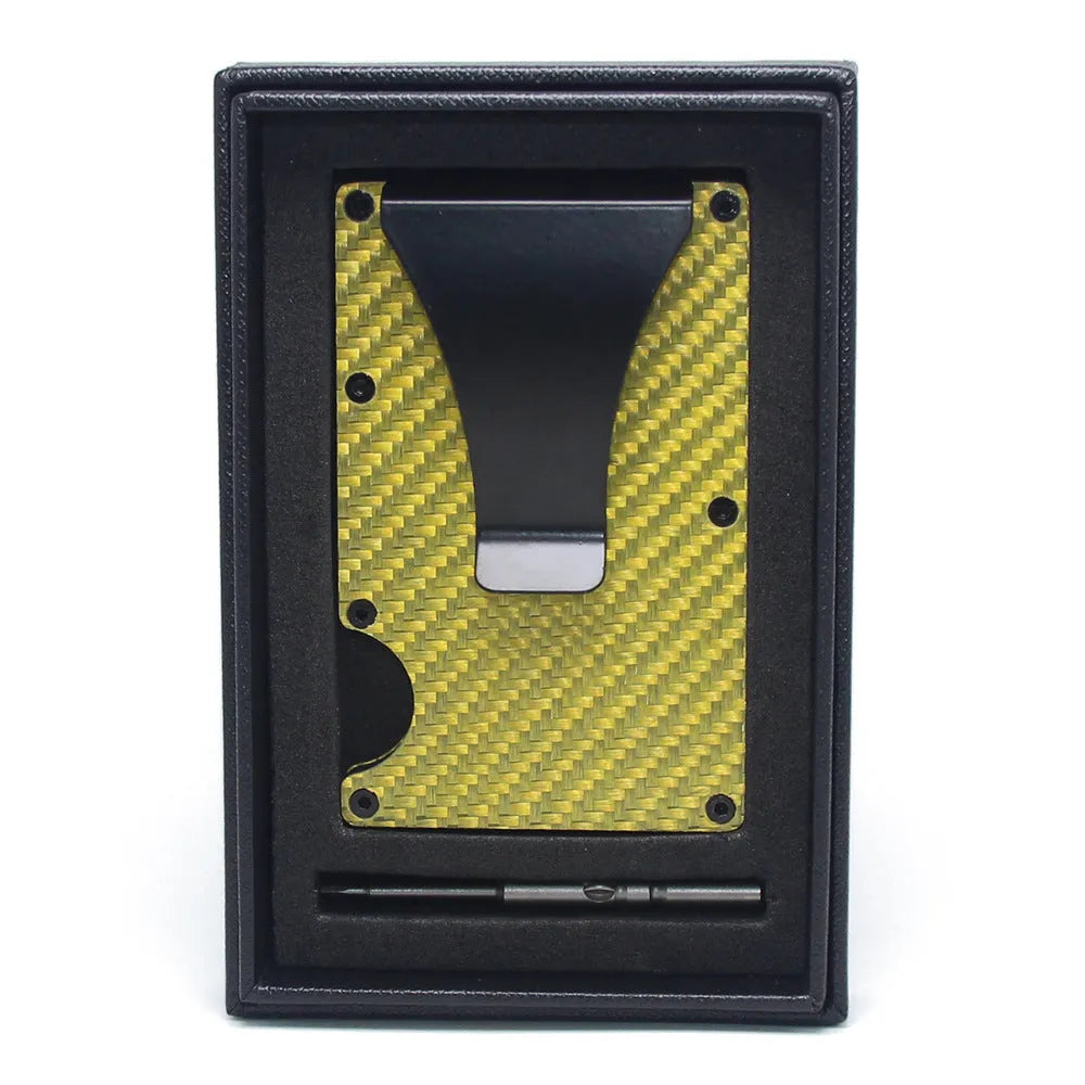 Carbon fibre and aluminium card wallet with geometric design holding multiple cards