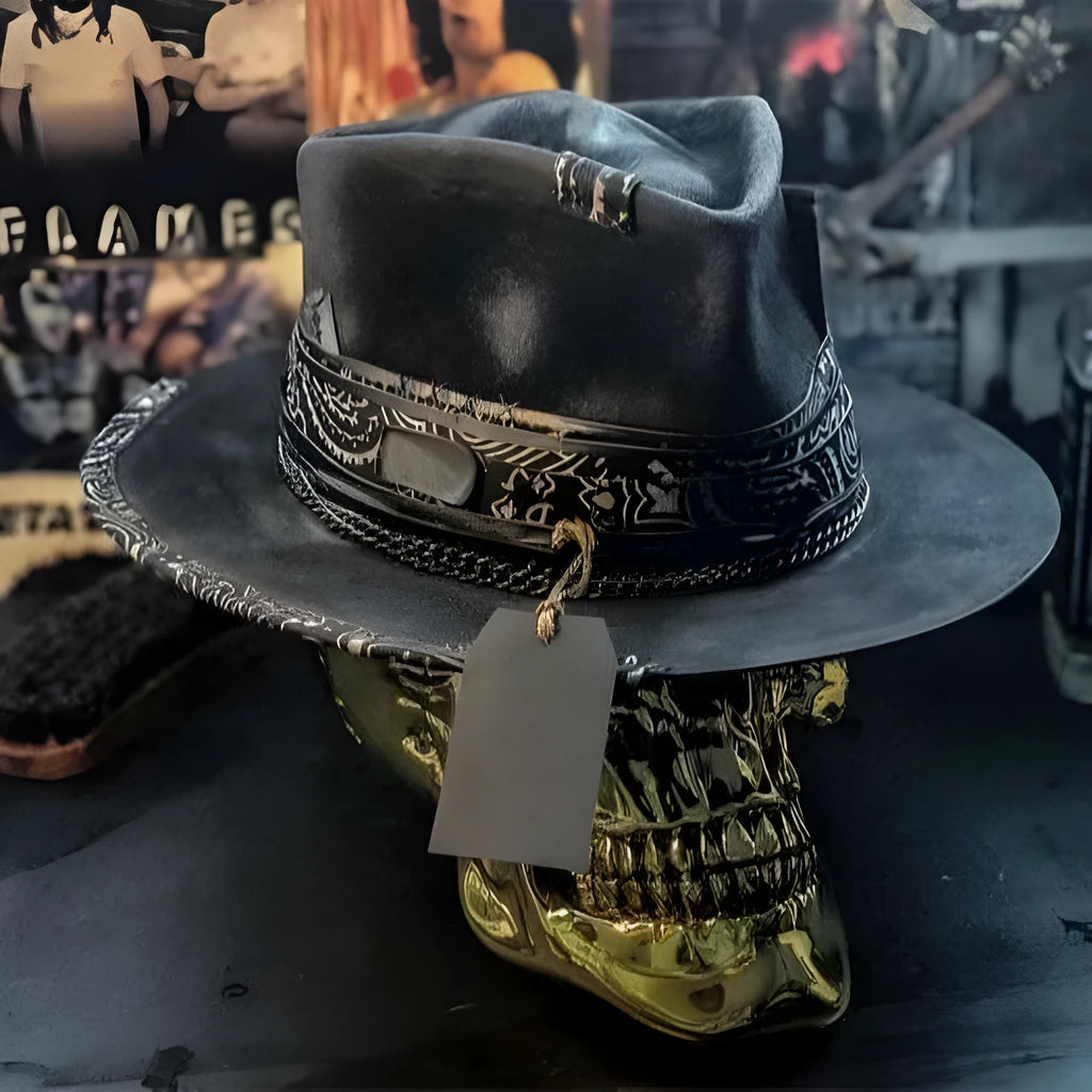 Handmade wool felt denim skull hat with conical crown and skull print design for Halloween costumes