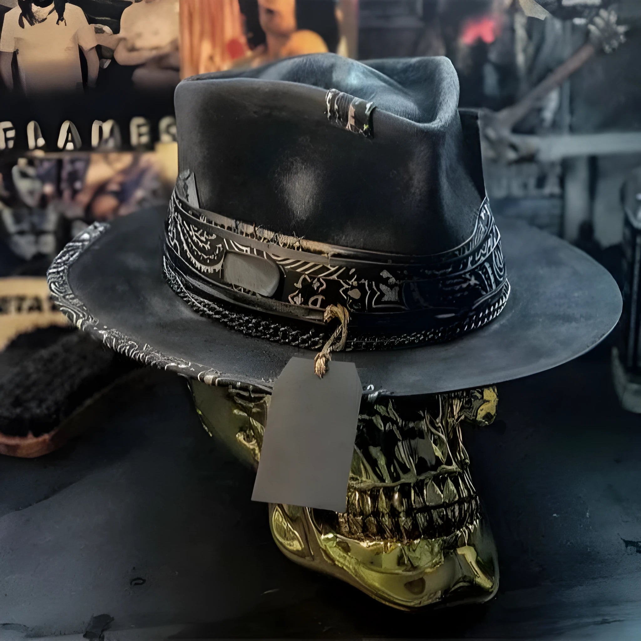 Handmade wool felt denim skull hat with conical crown and skull print design for Halloween costumes