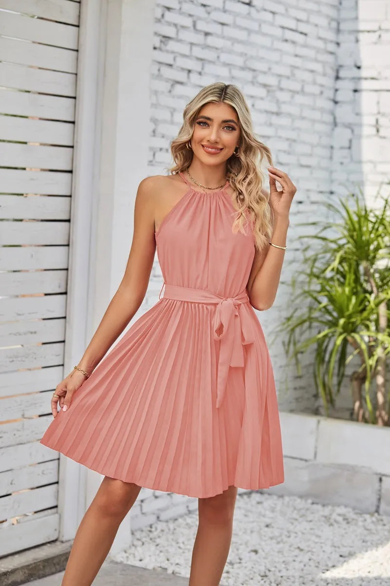 Women's black halter neck strapless sundress with pleated chiffon skirt and adjustable waist belt