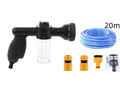 Green high pressure foam spray gun with multiple spray pattern settings and hose connection