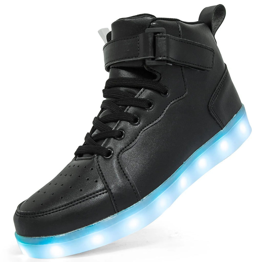 LED light-up high-top board shoes in black, gold, or white with Velcro straps and rubber sole.