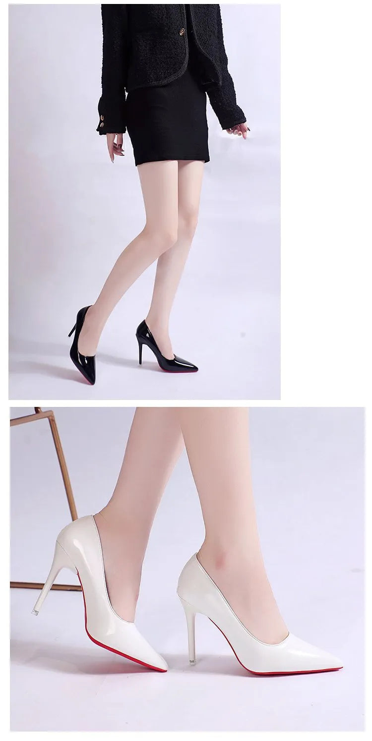 Women's black stiletto heel pointed toe pumps with a shallow mouth on a white background.