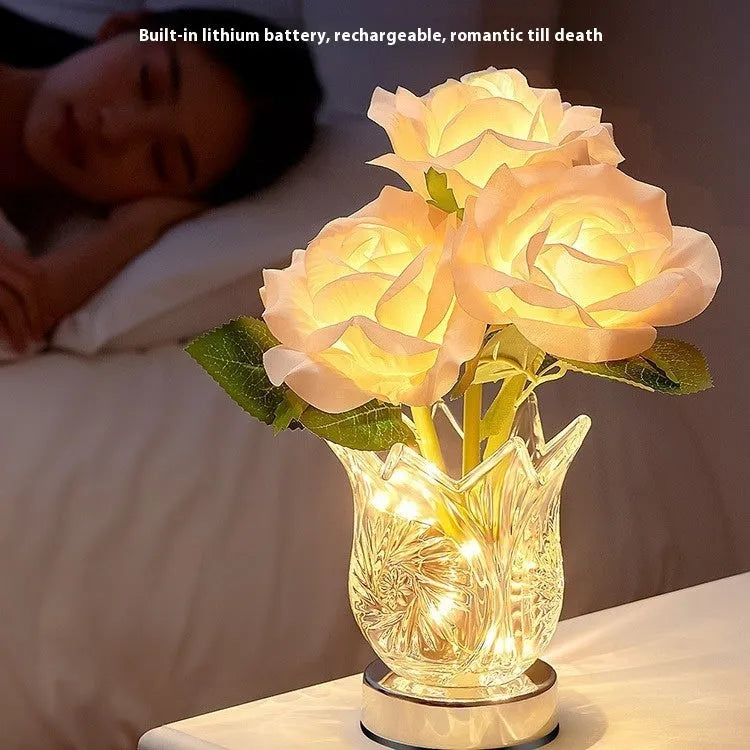 Modern Crystal Flowers rechargeable touch-control dimmable bedside table lamp with USB cable.