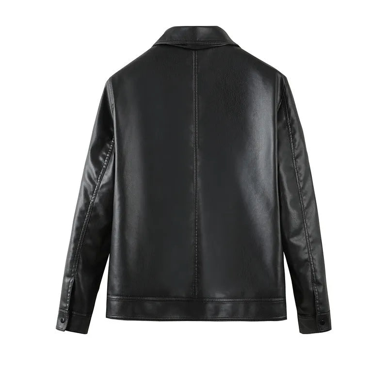 Black men's loose fit PU leather casual jacket with a zip pocket.