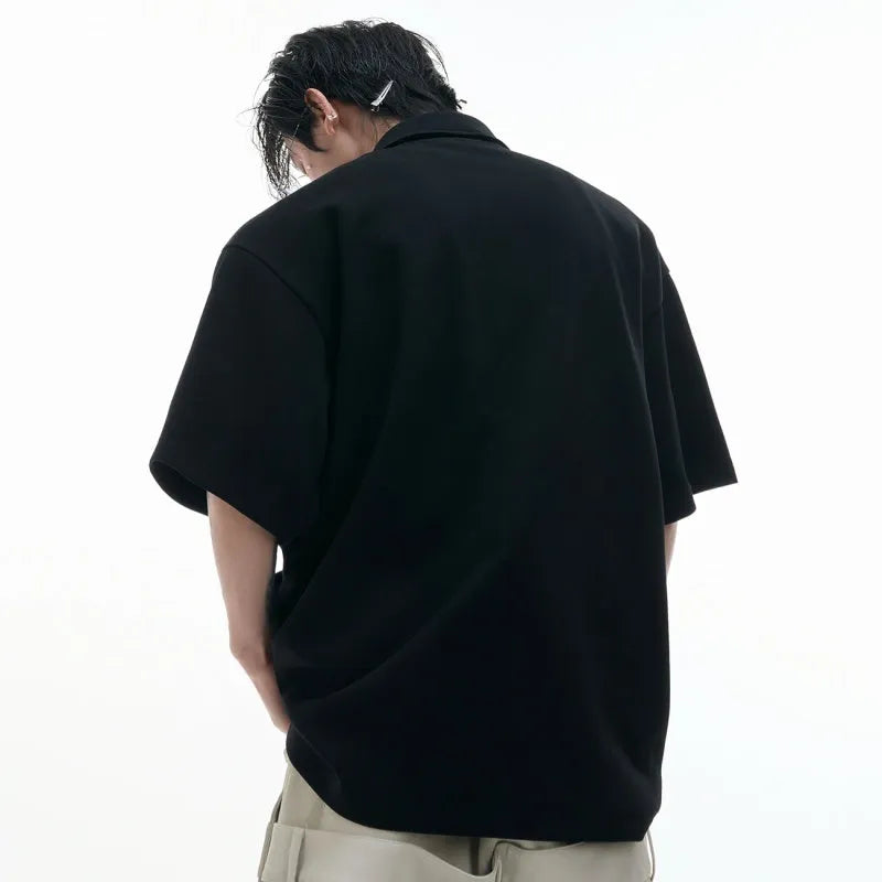 Men's geometric print polo shirt with deconstructed collar in loose fit