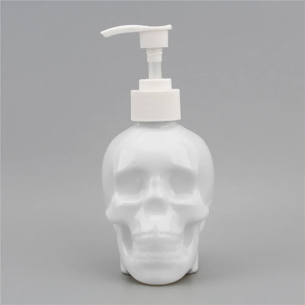 350ml skull-shaped empty hand sanitiser bottle in white, transparent or black plastic, 9.8cm x 7cm x 15.5cm