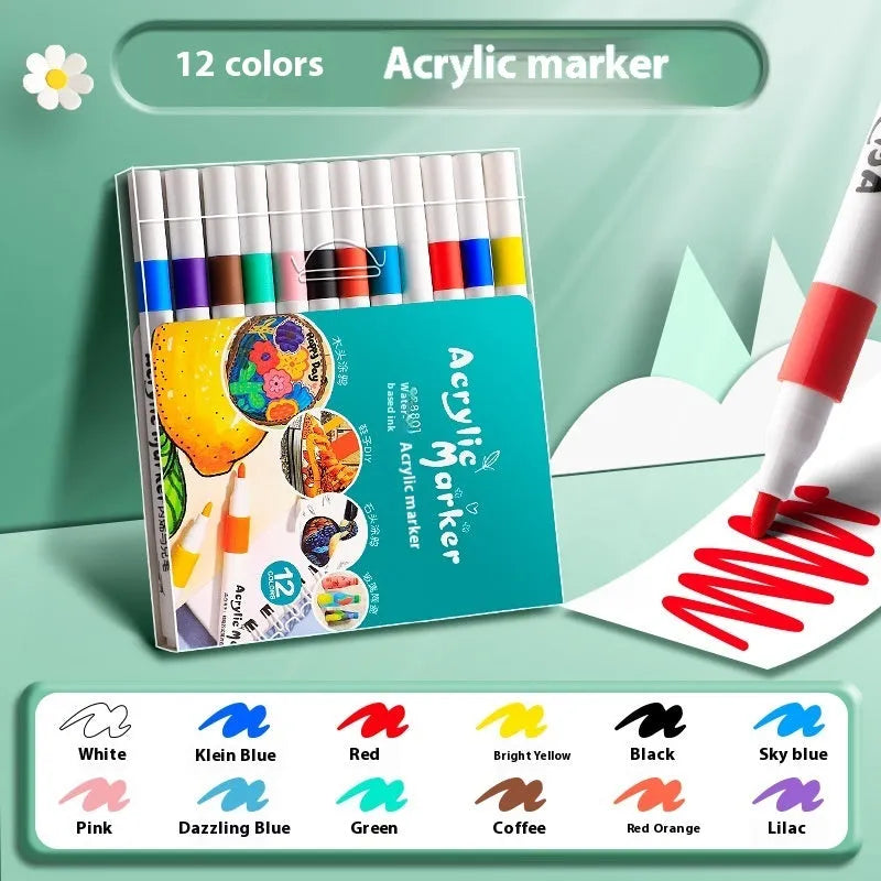 Box of multicoloured acrylic marker pens for student painting, showing plastic pen casings.