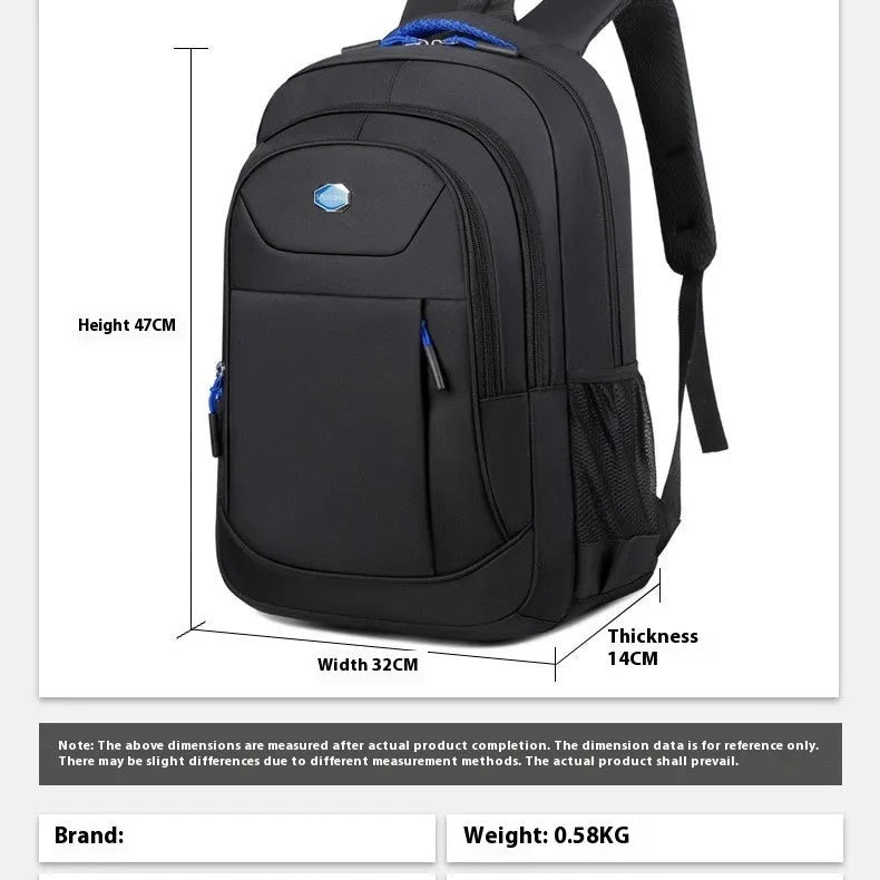 Oxford cloth backpack in solid colour with curved shoulder straps, shown with multi-layer compartments open