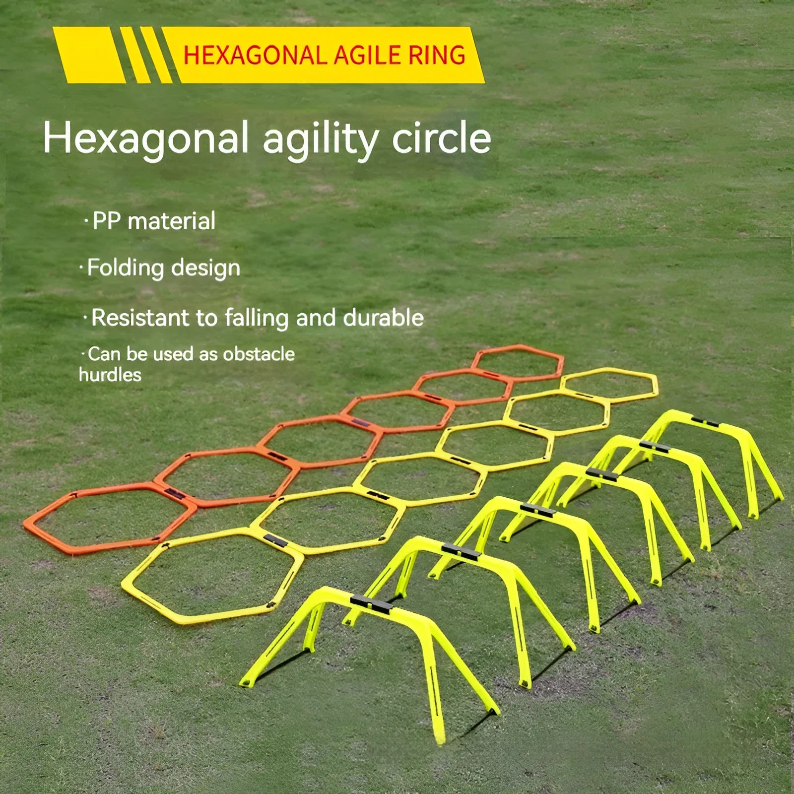 Set of six foldable yellow, green, and orange hexagon plastic agility training rings for football drills.