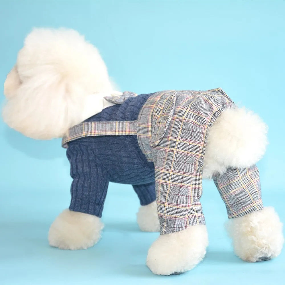 Dark blue cotton dog shirt for small dogs showing size label and fabric texture