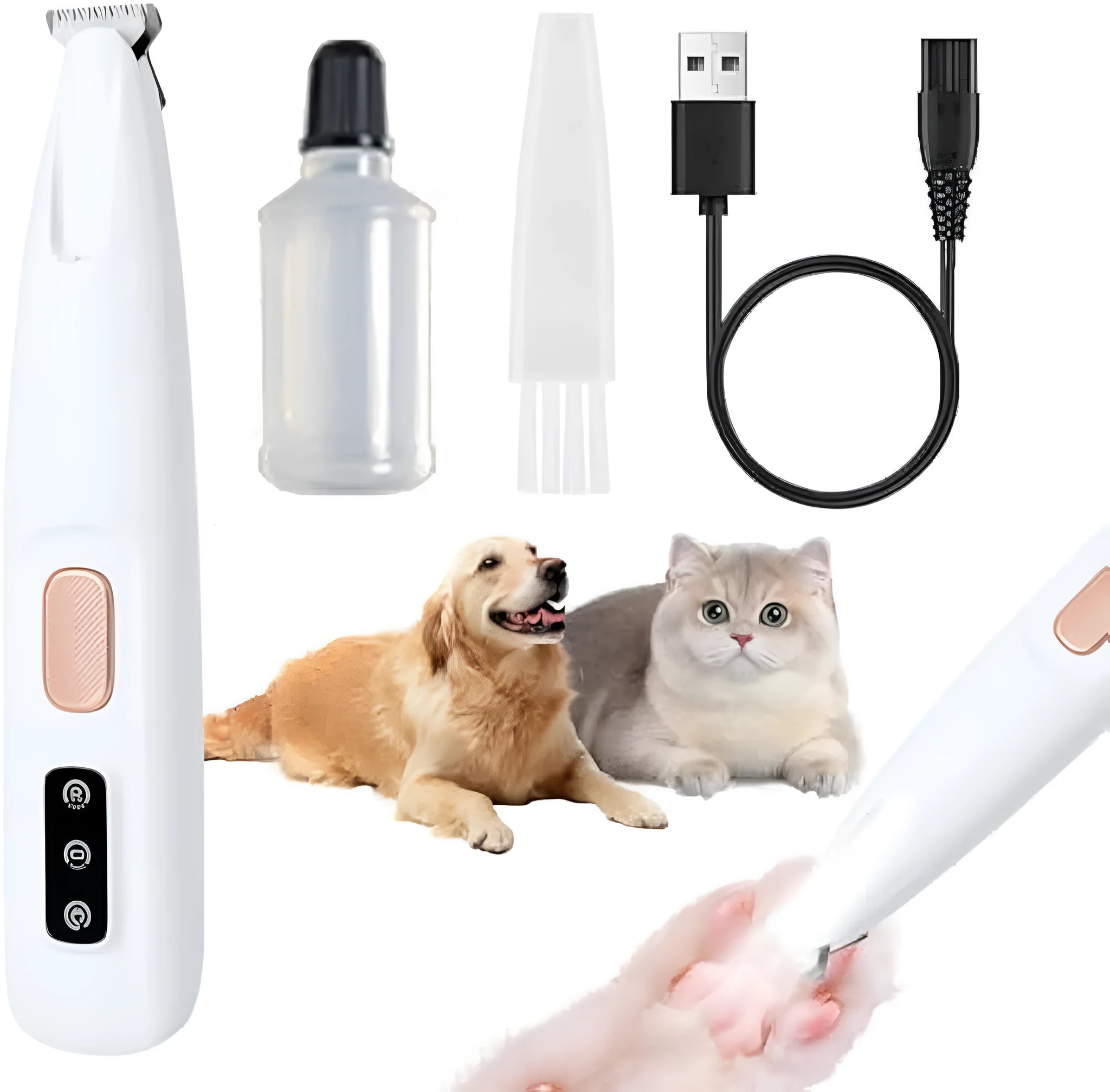 White rechargeable electric dog paw trimmer with LED light for pet grooming